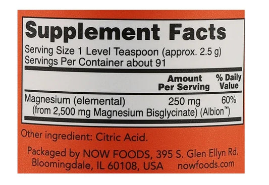 Magnésio Bisglicinato em Pó, 227 gramas - Now Foods