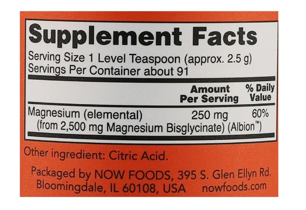 Bisglycinate de magnésium en poudre, 227 g – Now Foods
