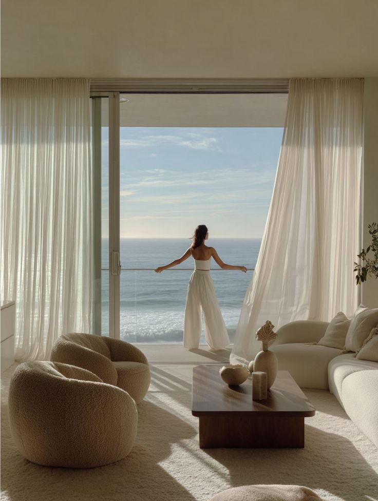 Interior sereno com vista de mar — equilíbrio e calma
